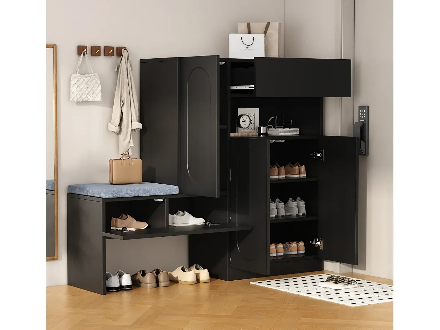 Móvel multifuncional para sapatos - com assento estofado - com 4 portas e 1 gaveta - Preto