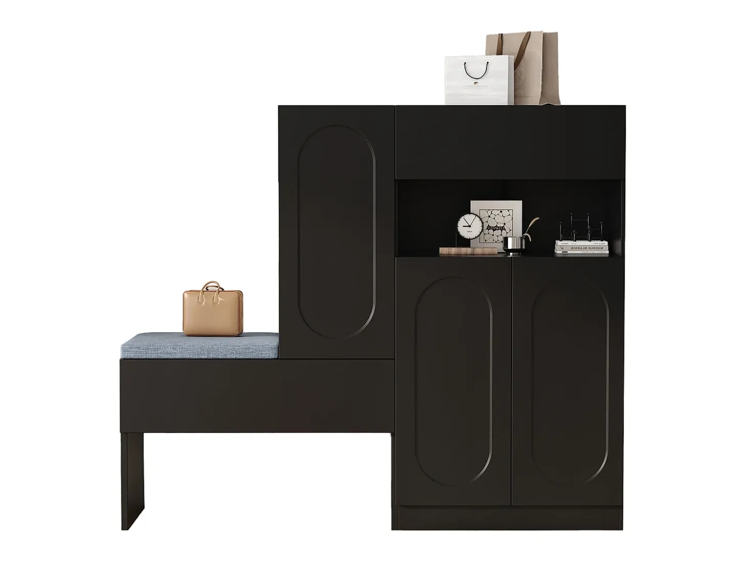 Móvel multifuncional para sapatos - com assento estofado - com 4 portas e 1 gaveta - Preto
