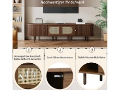 Móvel oval para TV - 180 x 40 x 40 cm - design em rattan - com 2 portas de correr + 2 portas - MDF - castanho