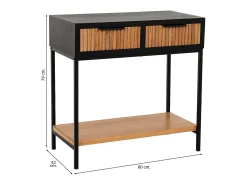Móvel para corredor com 2 gavetas, em madeira e metal preto e marrom.