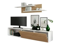 Móvel para sala de estar Kipi com suporte para TV, extensível, 2 prateleiras, branco, madeira clara, 65x220x32 cm
