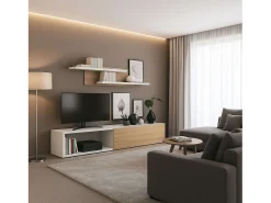 Móvel para sala de estar Kipi com suporte para TV, extensível, 2 prateleiras, branco, madeira clara, 65x220x32 cm