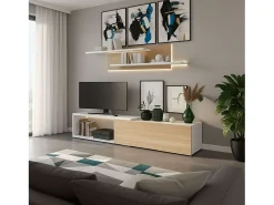 Móvel para sala de estar Kipi com suporte para TV, extensível, 2 prateleiras, branco, madeira clara, 65x220x32 cm