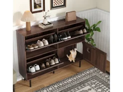 Móvel para sapatos 120×28×92 cm - 4 portas (3 basculantes) - com bola de brinquedo - marrom