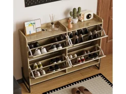 Móvel para sapatos 121×25×91,5 cm - com 4 portas basculantes de rattan - painel de partículas - natural