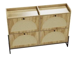 Móvel para sapatos 121×25×91,5 cm - com 4 portas basculantes de rattan - painel de partículas - natural