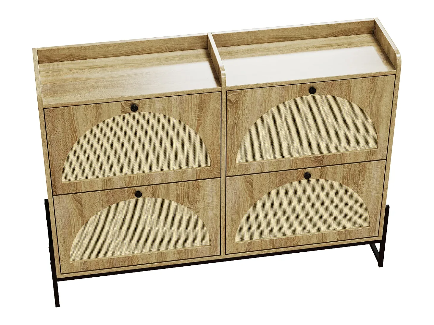 Móvel para sapatos 121×25×91,5 cm - com 4 portas basculantes de rattan - painel de partículas - natural