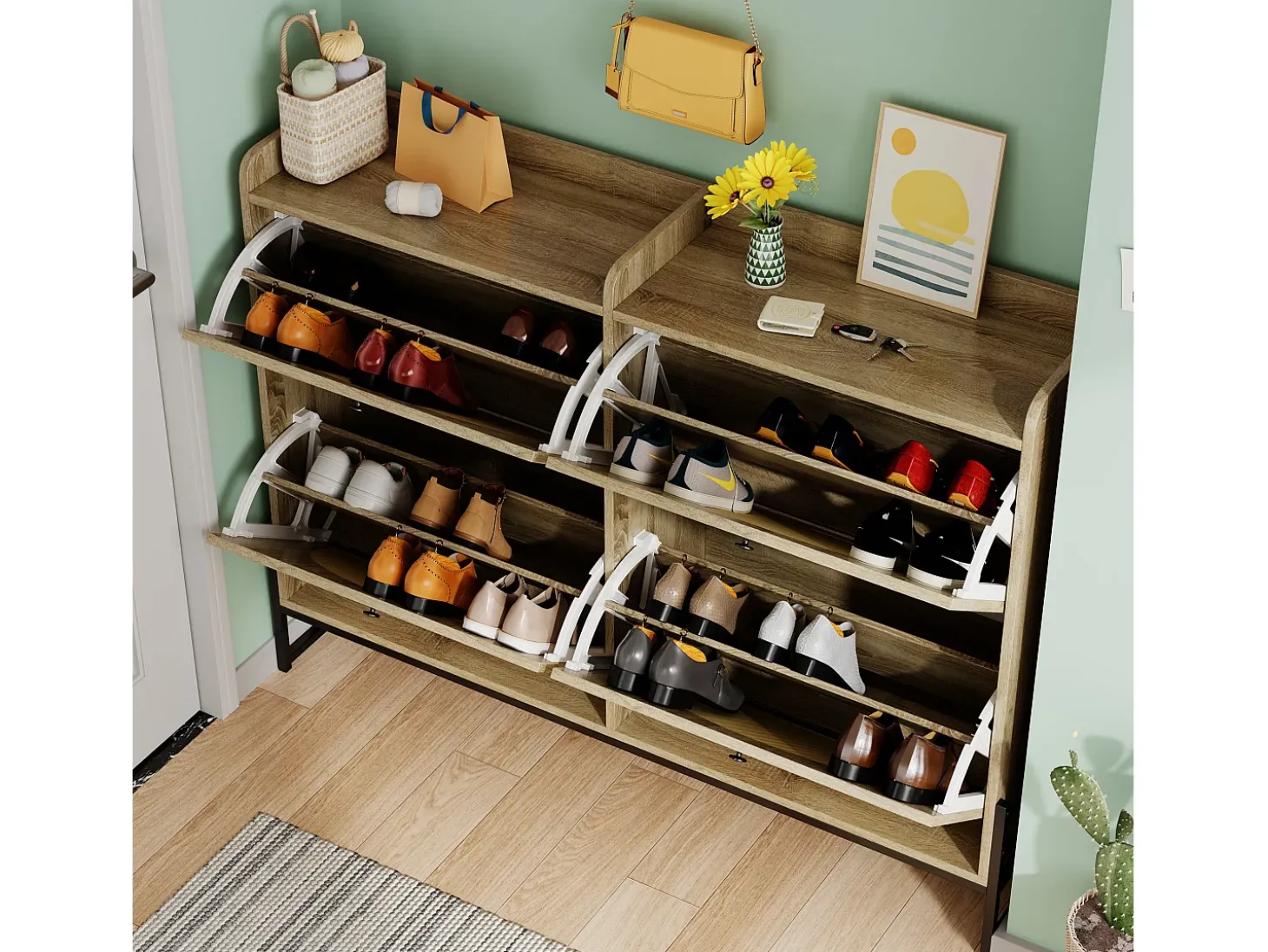 Móvel para sapatos 121×25×91,5 cm - com 4 portas basculantes de rattan - painel de partículas - natural