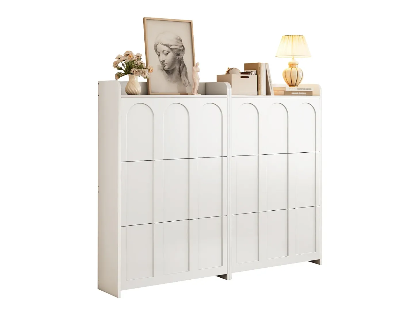 Móvel para sapatos 2 peças - 140x25x120 cm - con 12 compartimentos - 6 portas basculantes - MDF - Branco