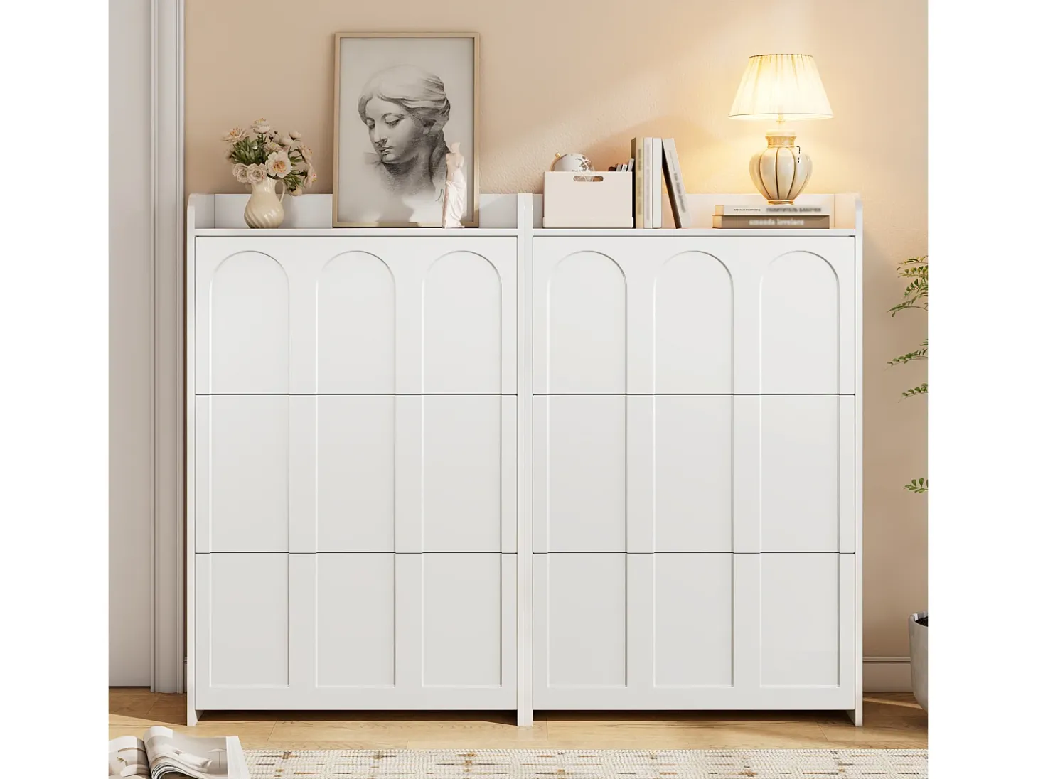 Móvel para sapatos 2 peças - 140x25x120 cm - con 12 compartimentos - 6 portas basculantes - MDF - Branco
