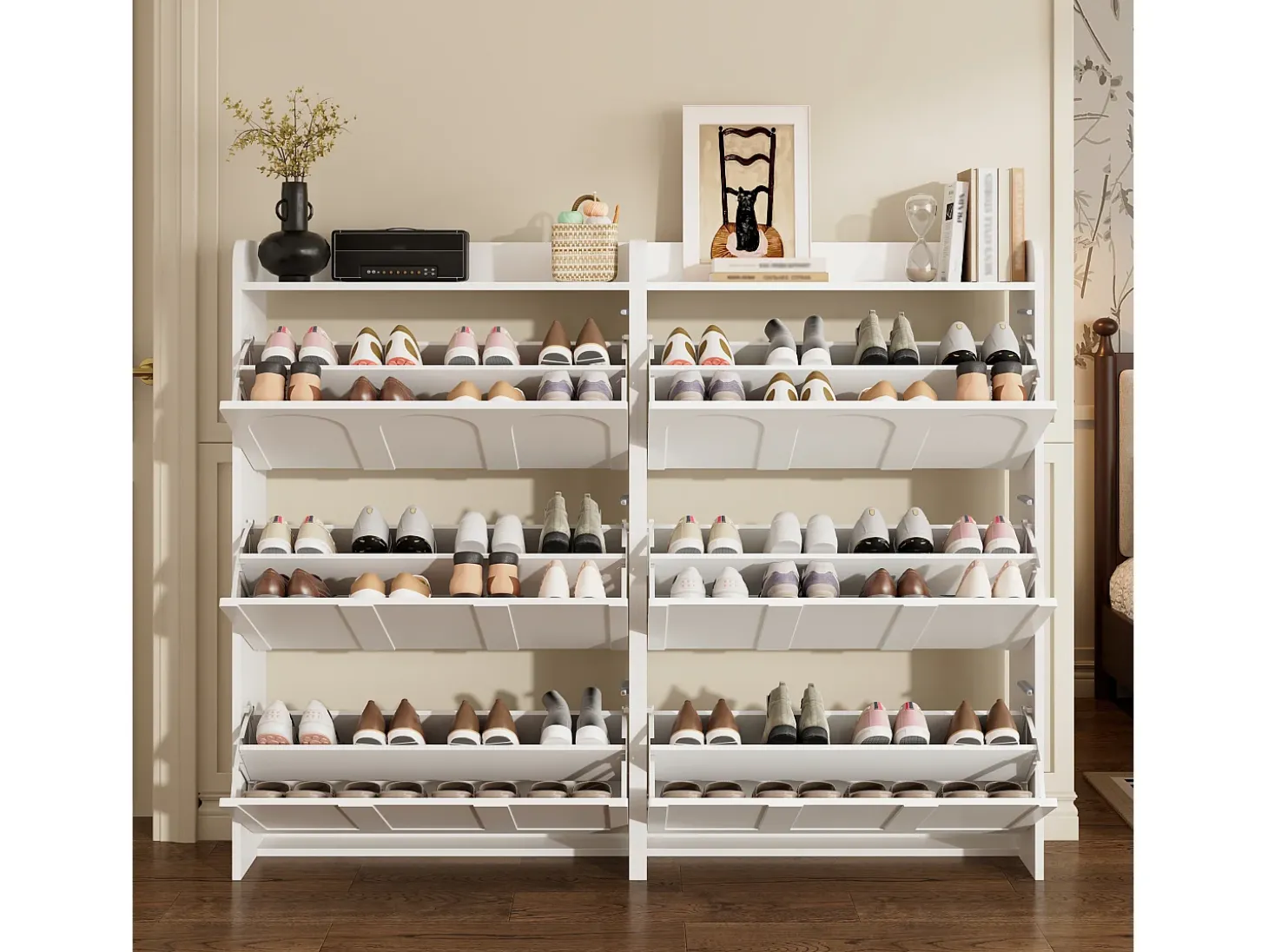 Móvel para sapatos 2 peças - 140x25x120 cm - con 12 compartimentos - 6 portas basculantes - MDF - Branco