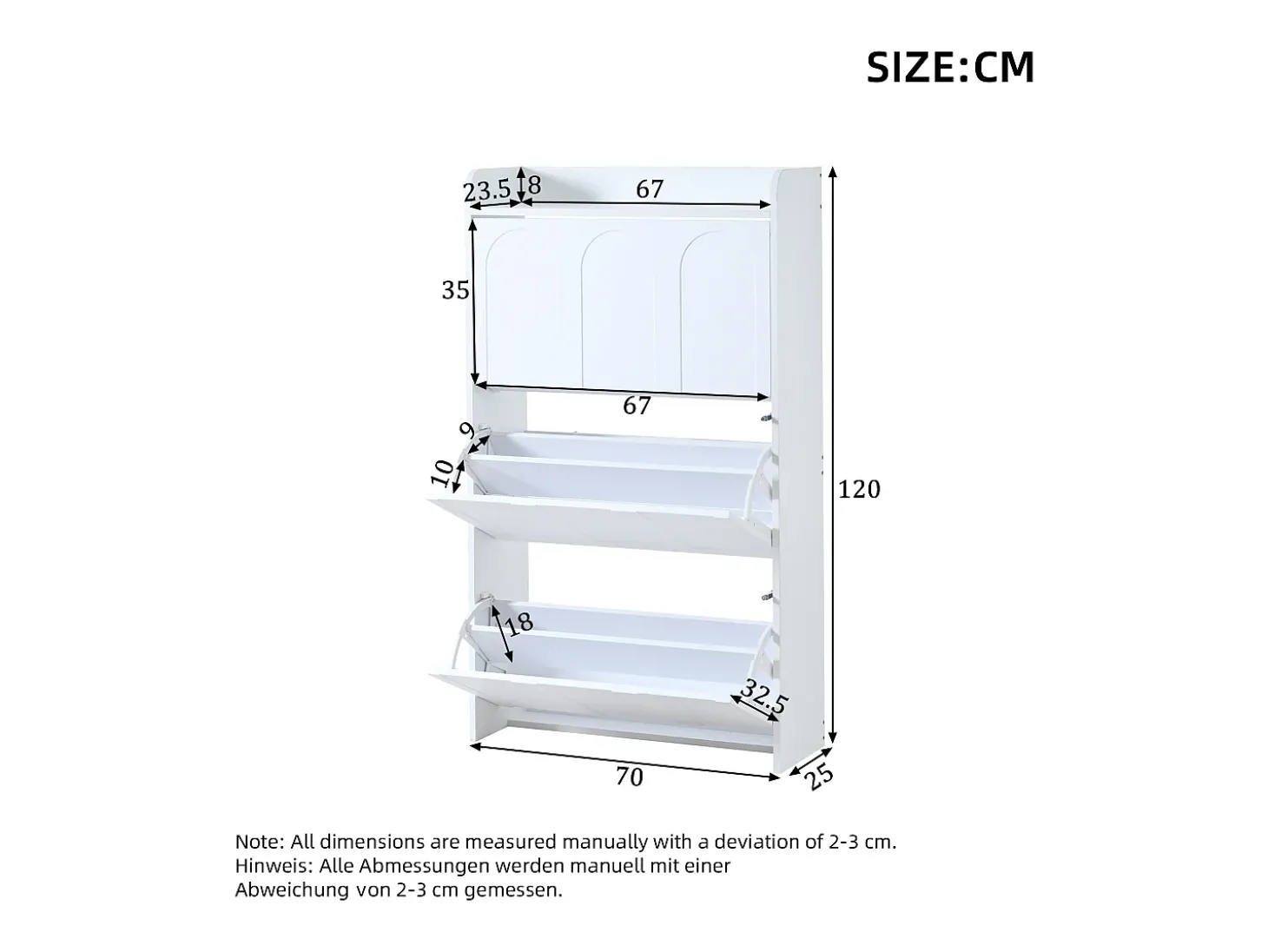 Móvel para sapatos 2 peças - 140x25x120 cm - con 12 compartimentos - 6 portas basculantes - MDF - Branco