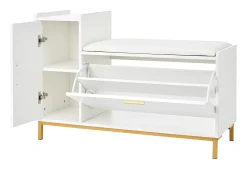 Móvel para sapatos brilhante 100x38x68 cm - com 2 portas - com trocador - Pés de metal - Branco + dourado