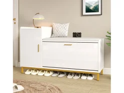 Móvel para sapatos brilhante 100x38x68 cm - com 2 portas - com trocador - Pés de metal - Branco + dourado
