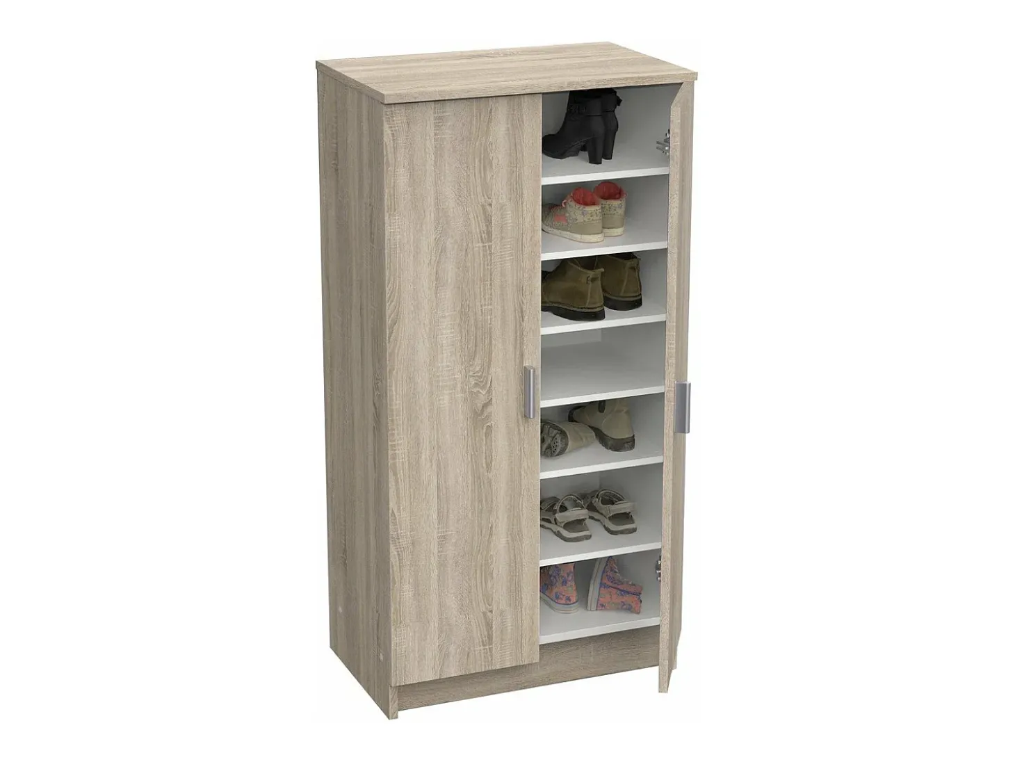 Móvel para sapatos contemporâneo 55 cm carvalho escovado e branco pérola, 2 portas, 6 prateleiras removíveis, fabricação francesa