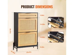 Móvel Para Sapatos De Rattan SucceBuy, 2 Gavetas Dobráveis E 1 Gaveta Deslizante, Preto