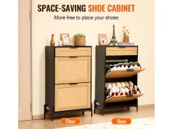 Móvel Para Sapatos De Rattan SucceBuy, 2 Gavetas Dobráveis E 1 Gaveta Deslizante, Preto