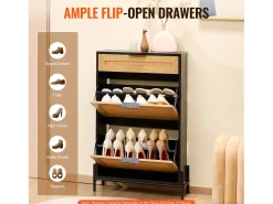 Móvel Para Sapatos De Rattan SucceBuy, 2 Gavetas Dobráveis E 1 Gaveta Deslizante, Preto