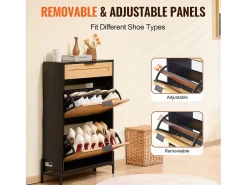 Móvel Para Sapatos De Rattan SucceBuy, 2 Gavetas Dobráveis E 1 Gaveta Deslizante, Preto