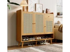Móvel para sapatos em vime natural 120×35×106 cm - com 3 portas e 1 gaveta - painel de partículas - natural