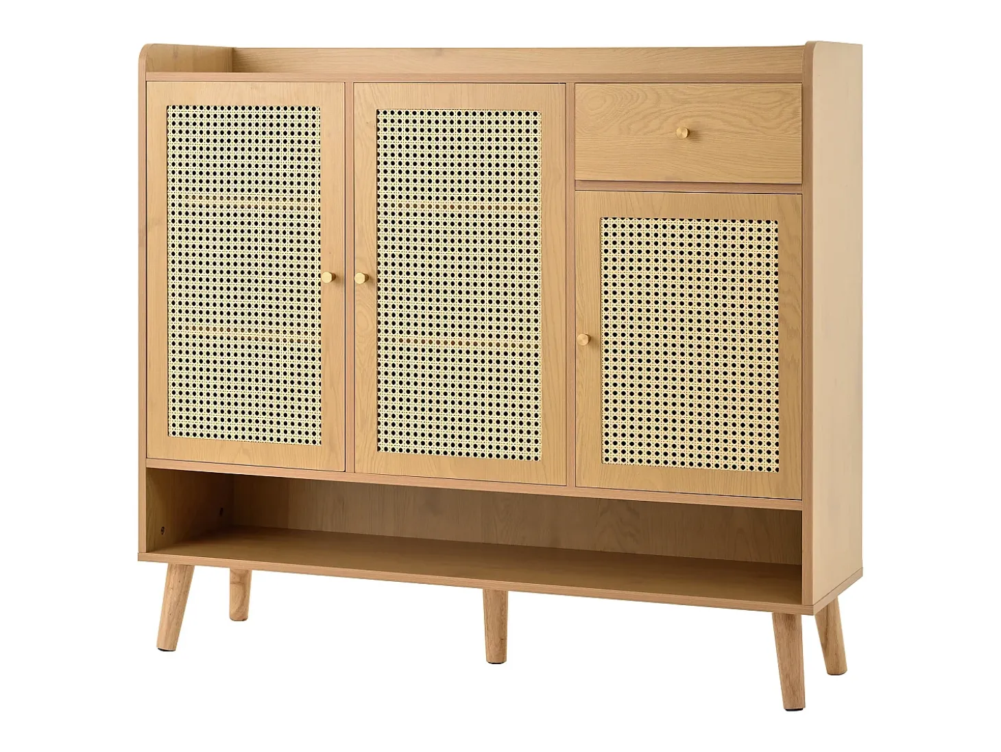Móvel para sapatos em vime natural 120×35×106 cm - com 3 portas e 1 gaveta - painel de partículas - natural