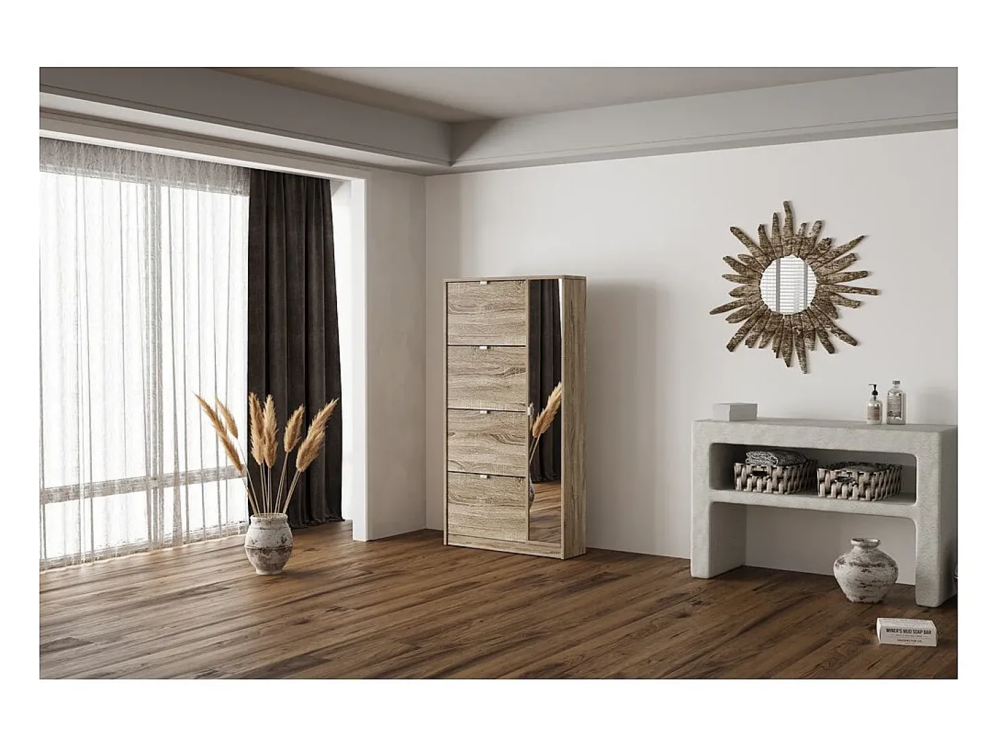 Móvel para Sapatos MEXICO – 4 gavetas e 1 porta com espelho – Cor carvalho sonoma – Design prático e contemporâneo