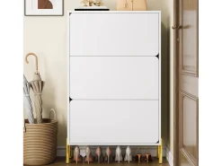 Móvel para sapatos moderno 73x24x120 cm - 3 portas - Prateleira de sapatos de 6 níveis - pés dourados - MDF - branco