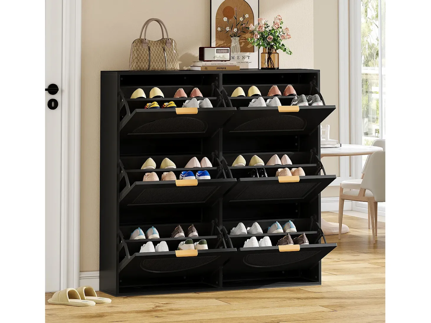 Móvel para sapatos moderno 118x25x115cm - 6 portas basculantes - Preto