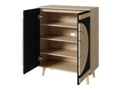 Móvel para sapatos moderno 76x37x98,5 cm - con 2 portas - Armazenamento multi-níveis - Pés de madeira - Preto e natural