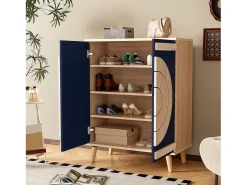 Móvel para sapatos moderno 76x37x98,5 cm - con 2 portas - Armazenamento multi-níveis - Pés de madeira - Azul e natural