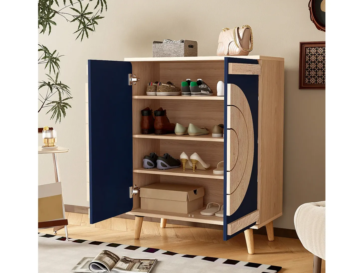 Móvel para sapatos moderno 76x37x98,5 cm - con 2 portas - Armazenamento multi-níveis - Pés de madeira - Azul e natural