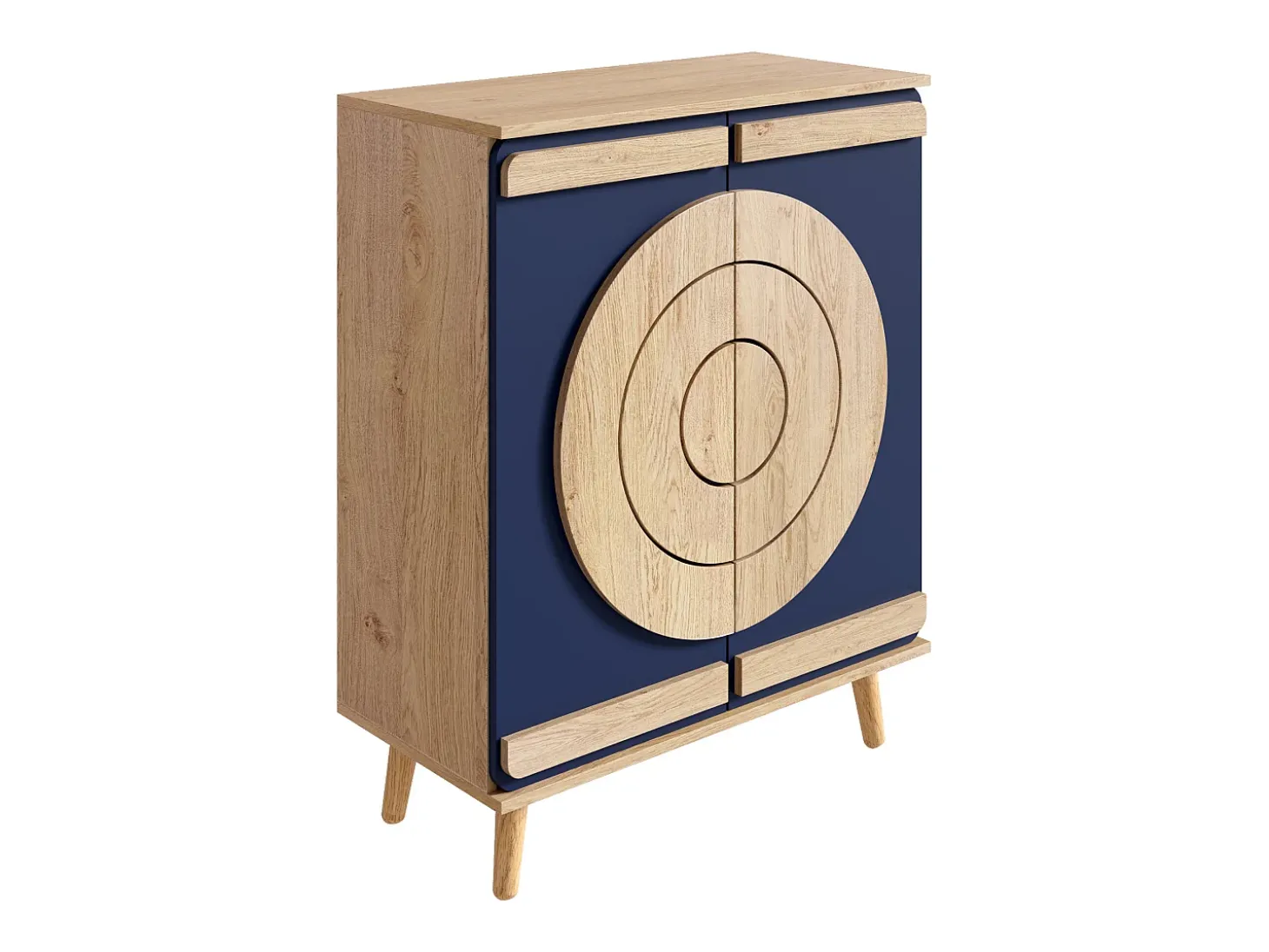 Móvel para sapatos moderno 76x37x98,5 cm - con 2 portas - Armazenamento multi-níveis - Pés de madeira - Azul e natural