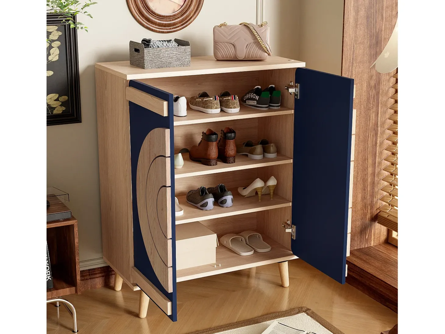 Móvel para sapatos moderno 76x37x98,5 cm - con 2 portas - Armazenamento multi-níveis - Pés de madeira - Azul e natural