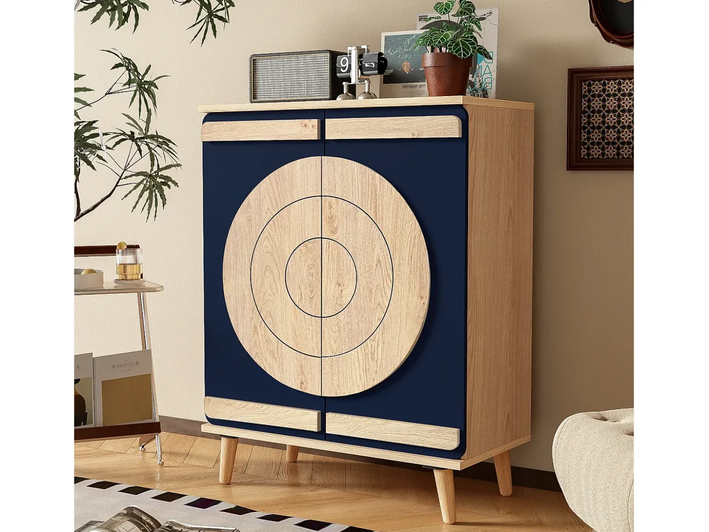 Móvel para sapatos moderno 76x37x98,5 cm - con 2 portas - Armazenamento multi-níveis - Pés de madeira - Azul e natural