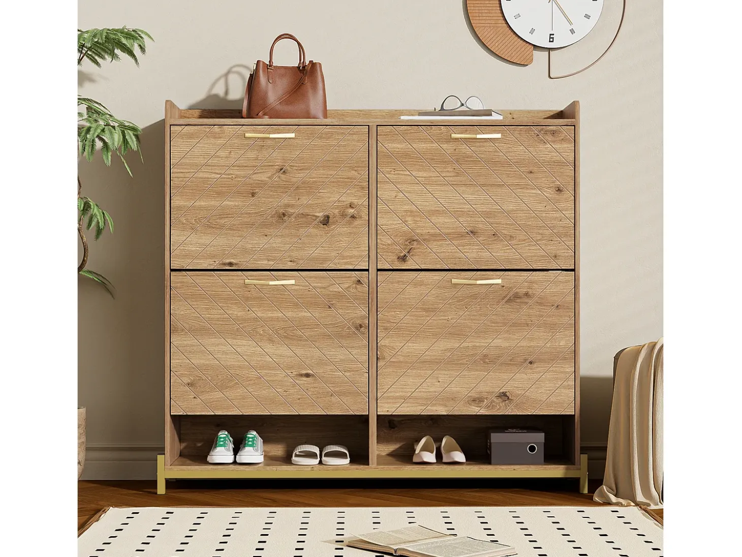 Móvel para sapatos moderno 108.5×24×100 cm - com 4 portas - MDF - natural