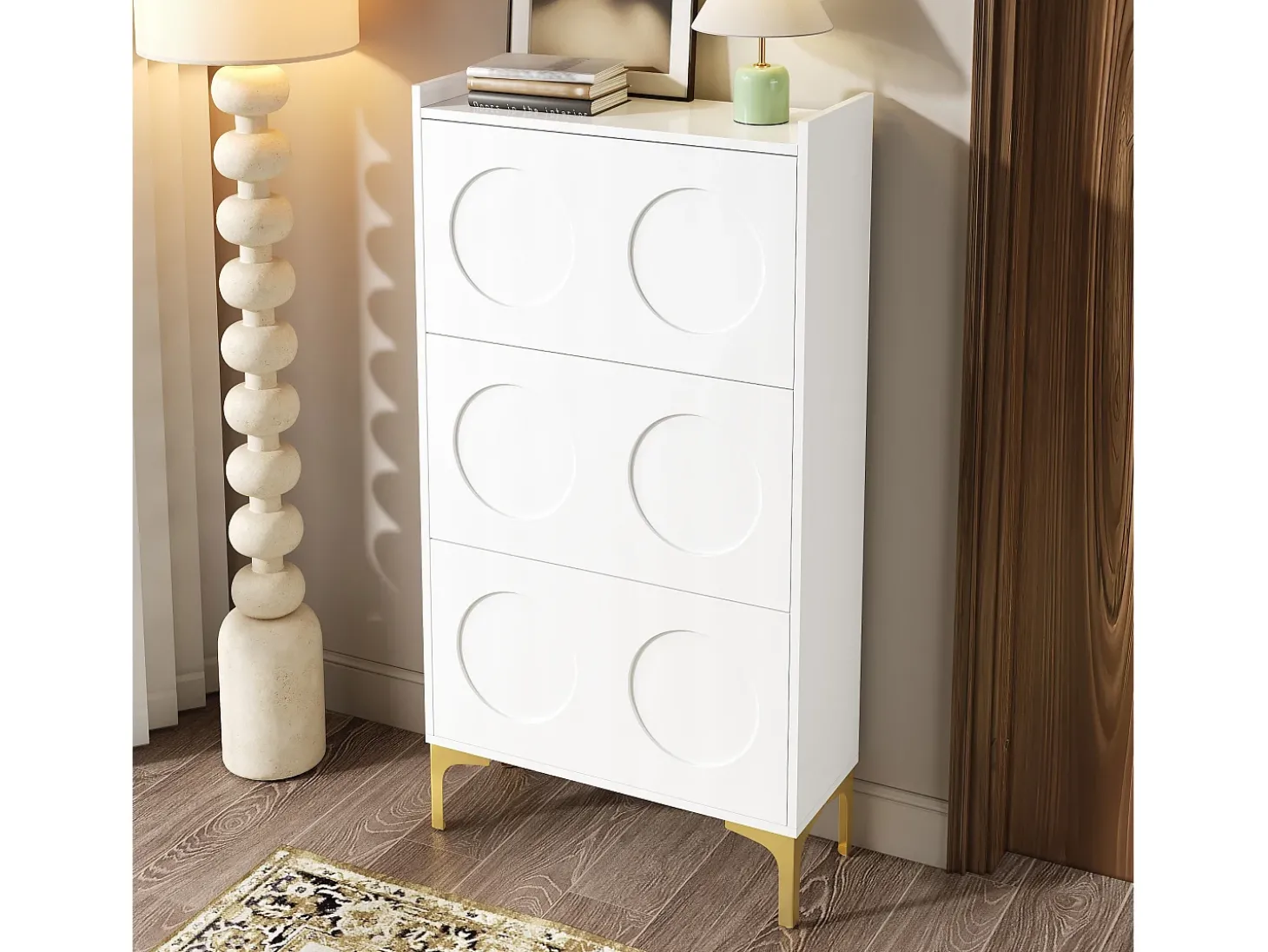 Móvel para sapatos moderno 63x24x120 cm - 3 níveis de armazenamento - Pés de metal - MDF - Branco