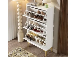Móvel para sapatos moderno 63x24x120 cm - 3 níveis de armazenamento - Pés de metal - MDF - Branco