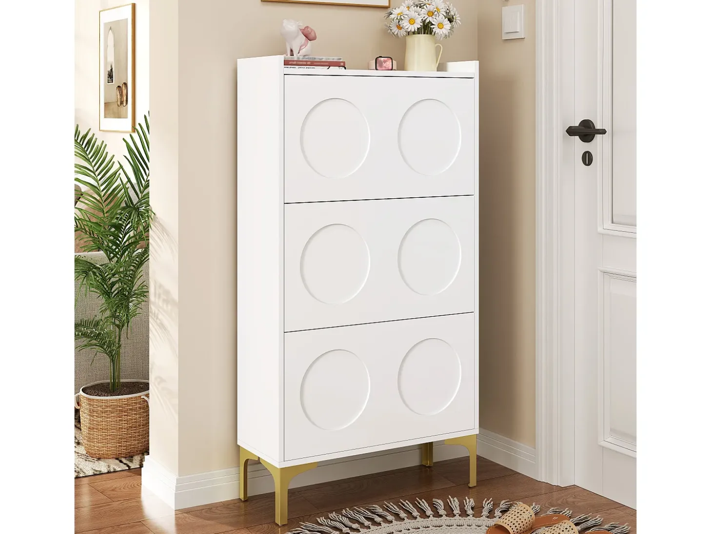 Móvel para sapatos moderno 63x24x120 cm - 3 níveis de armazenamento - Pés de metal - MDF - Branco