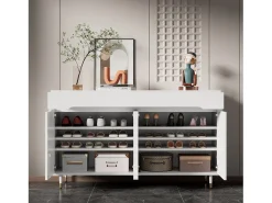 Móvel para sapatos moderno 140x39x84 cm - 2 portas e 2 gavetas - Prateleiras ajustáveis - Pés dourados - Branco
