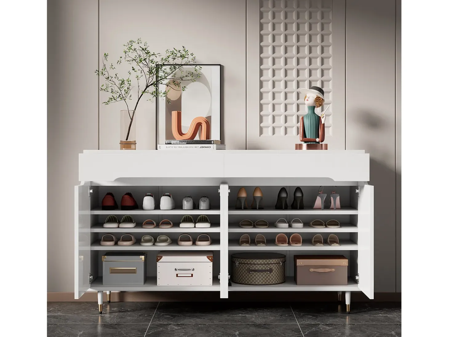Móvel para sapatos moderno 140x39x84 cm - 2 portas e 2 gavetas - Prateleiras ajustáveis - Pés dourados - Branco