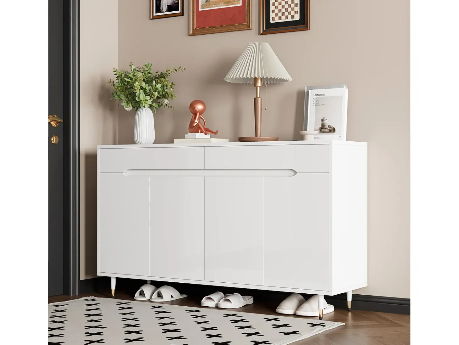 Móvel para sapatos moderno 140x39x84 cm - 2 portas e 2 gavetas - Prateleiras ajustáveis - Pés dourados - Branco