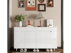 Móvel para sapatos moderno 140x39x84 cm - 2 portas e 2 gavetas - Prateleiras ajustáveis - Pés dourados - Branco