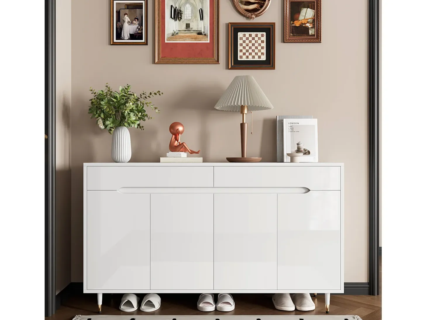 Móvel para sapatos moderno 140x39x84 cm - 2 portas e 2 gavetas - Prateleiras ajustáveis - Pés dourados - Branco