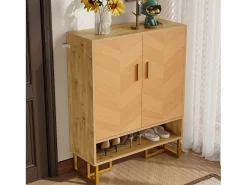 Móvel para sapatos moderno 80x38x100 cm - con 2 portas - Acabamento madeira - Estrutura de ferro dourado - MDF - Natural