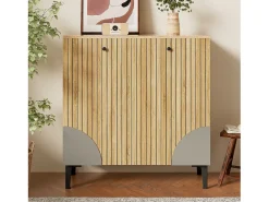 Móvel para sapatos moderno 90x32x94 cm - com 3 portas - Prateleiras de vários níveis - aspecto madeira - Painéis de partículas - Natural