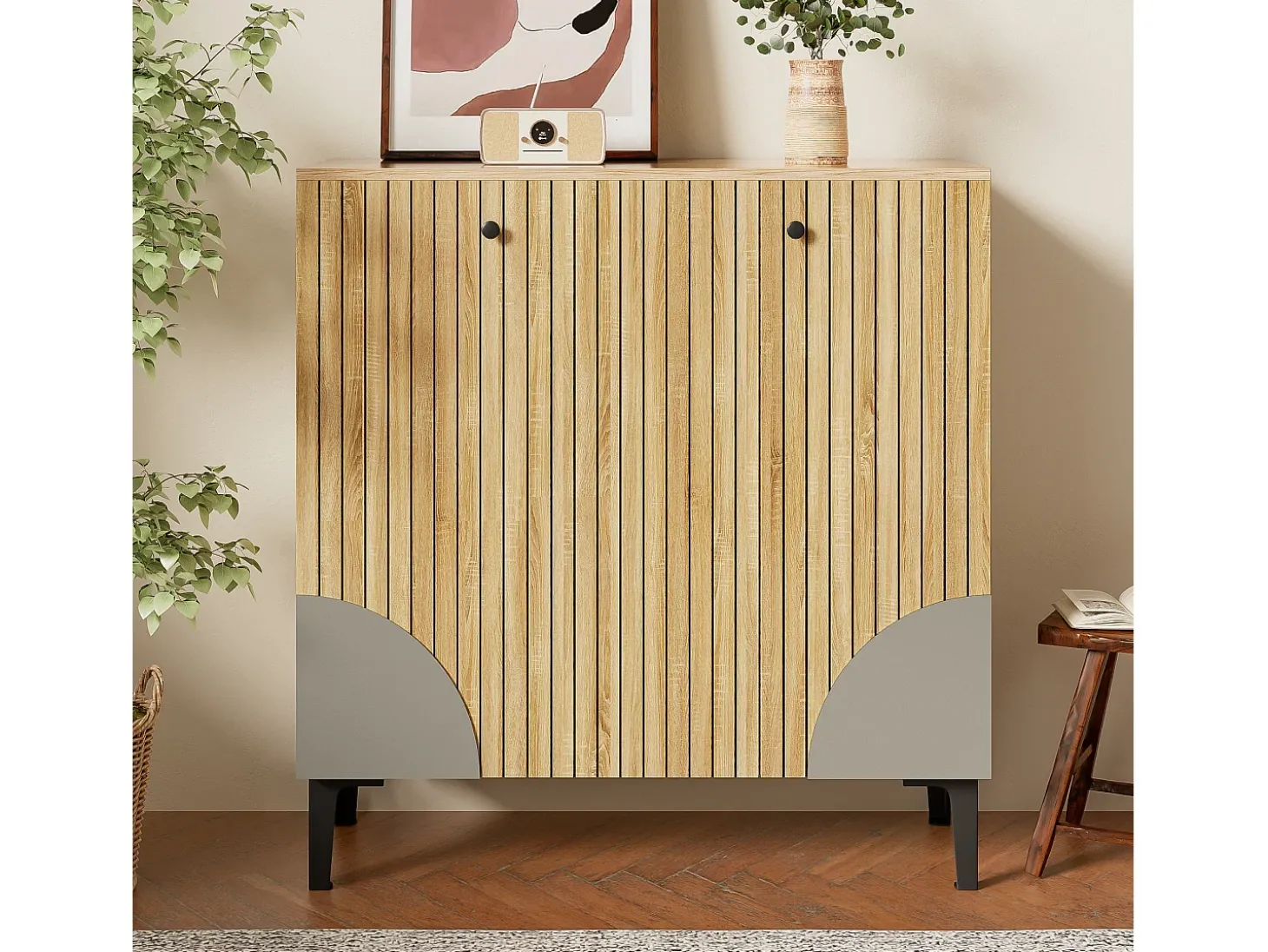 Móvel para sapatos moderno 90x32x94 cm - com 3 portas - Prateleiras de vários níveis - aspecto madeira - Painéis de partículas - Natural