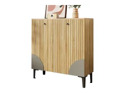 Móvel para sapatos moderno 90x32x94 cm - com 3 portas - Prateleiras de vários níveis - aspecto madeira - Painéis de partículas - Natural