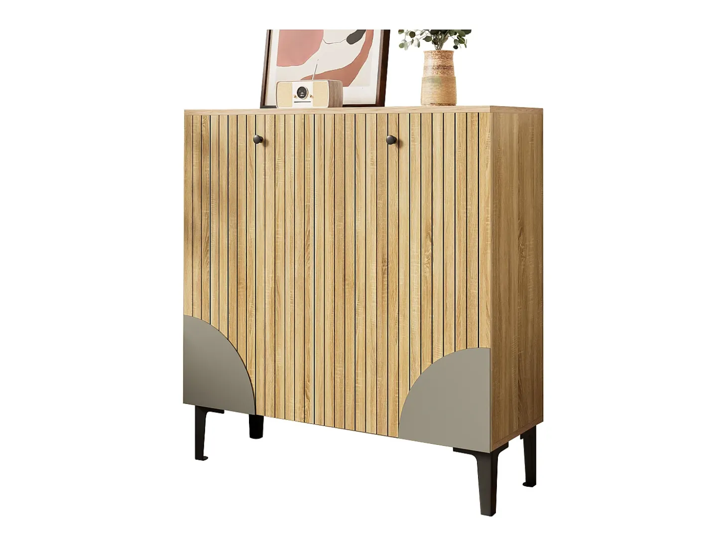 Móvel para sapatos moderno 90x32x94 cm - com 3 portas - Prateleiras de vários níveis - aspecto madeira - Painéis de partículas - Natural