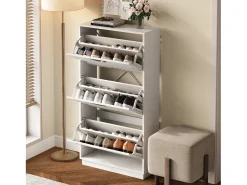 Móvel para sapatos moderno - três portas - espelho redondo - grande espaço de armazenamento - MDF - branco