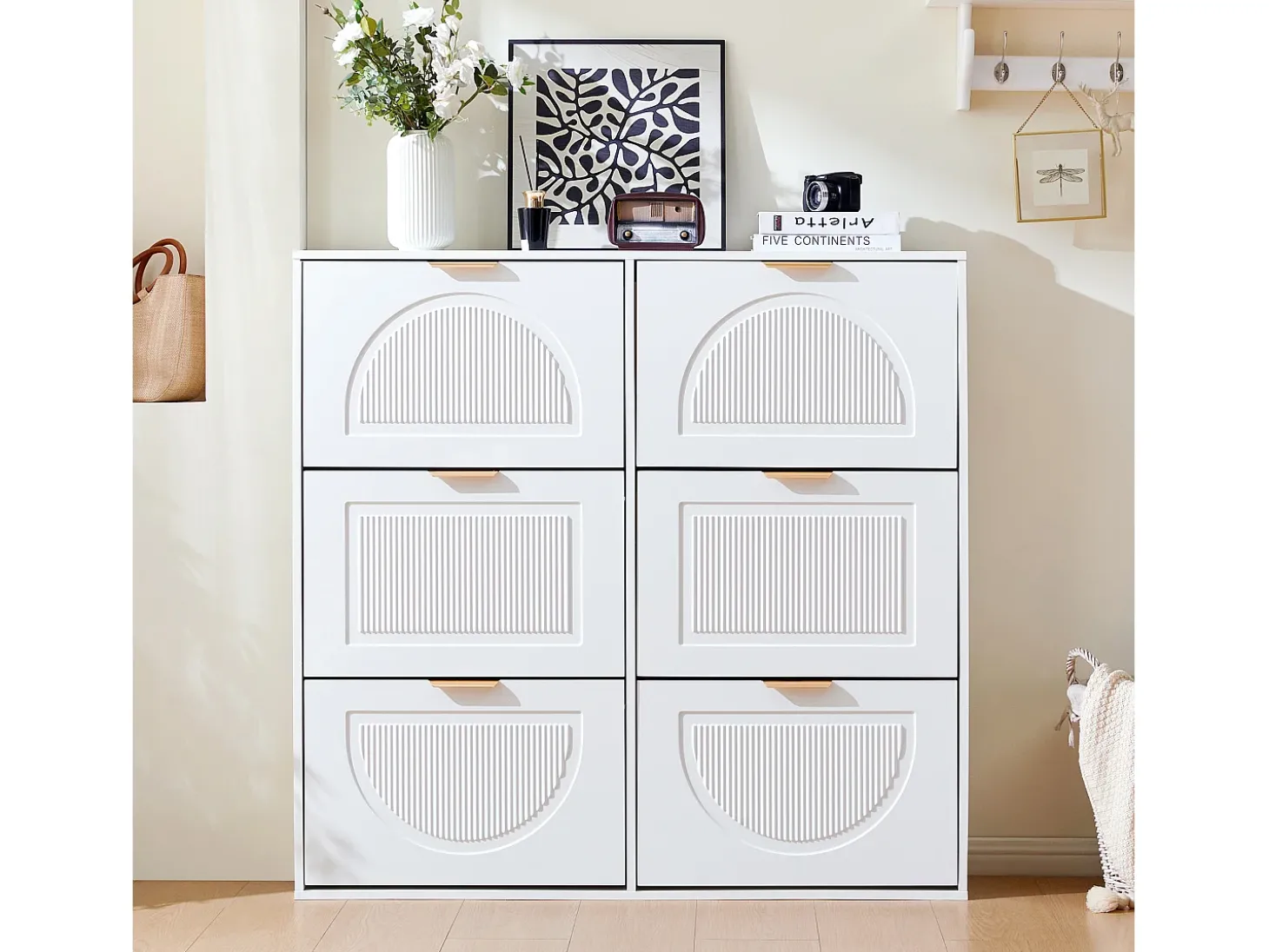 Móvel para sapatos moderno 118x25x115 cm - com 6 portas basculantes - Branco